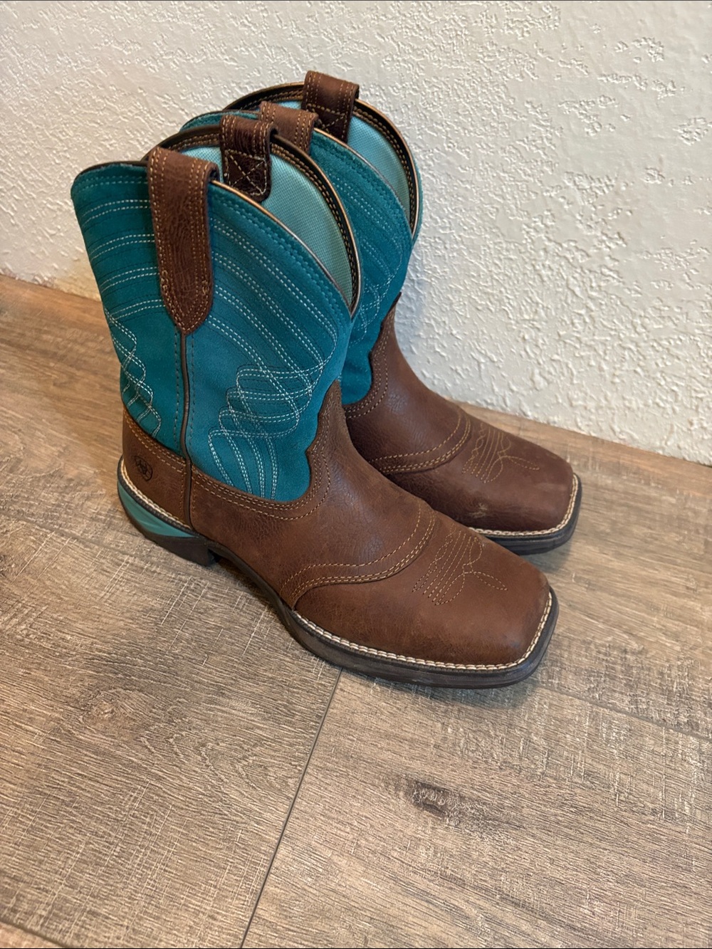 Men's Brown Leather Cowboy Boots with Teal Shaft - Comfortable Western Style